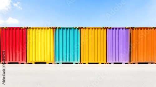 Row of Colorful Shipping Containers Against a Blue Sky