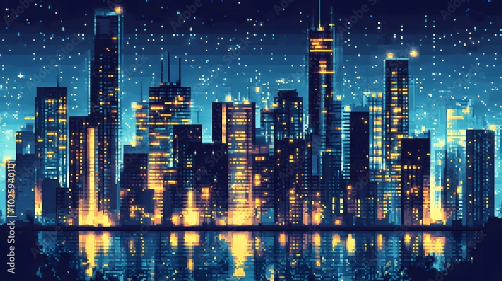 Fototapeta premium Vibrant Cityscape at Dusk with Starry Sky
