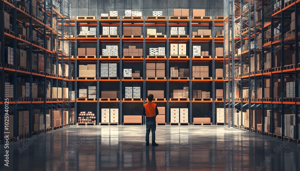 Fototapeta premium A warehouse worker surveys a large storage area filled with boxes on shelves, showcasing the organization of inventory.