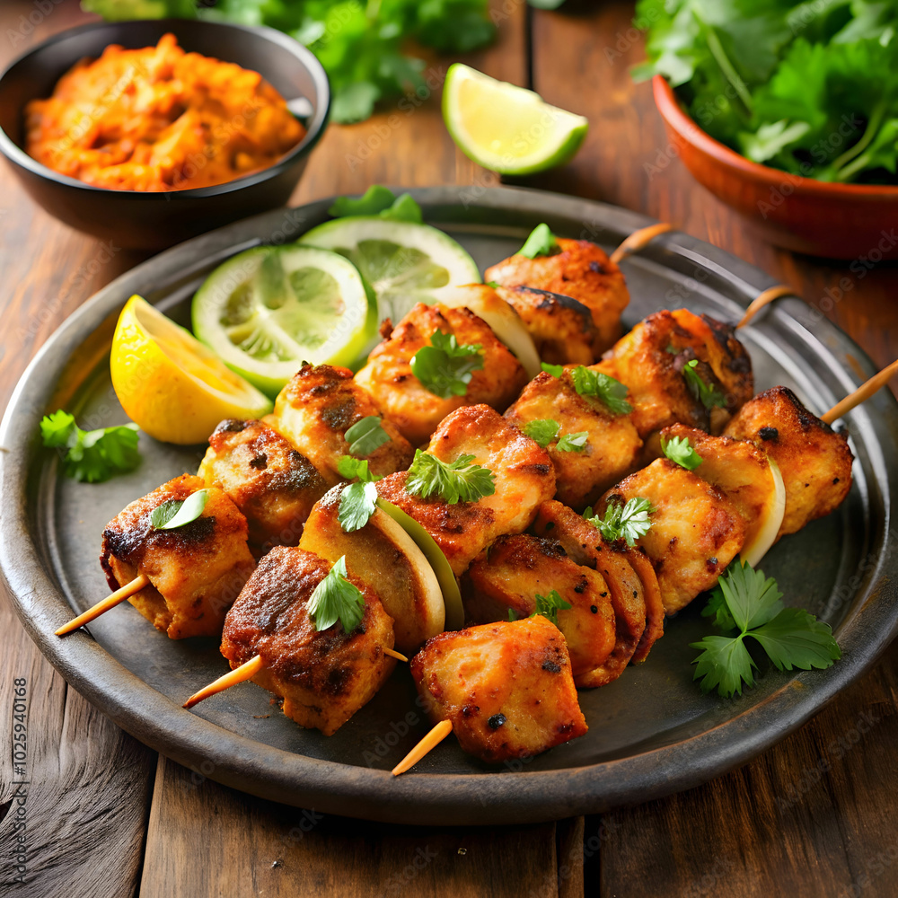 sizzling plate of chicken tikka kebabs, garnished with fresh lemon sizzling plate of chicken tikka kebabs, garnished with fresh lemon