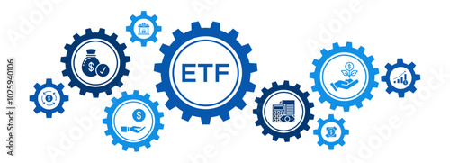 ETF (Exchange Traded Funds) Investment Banner Concept with Icons for Stock Market Trading, Cash Flow, Banking, and Financial Growth