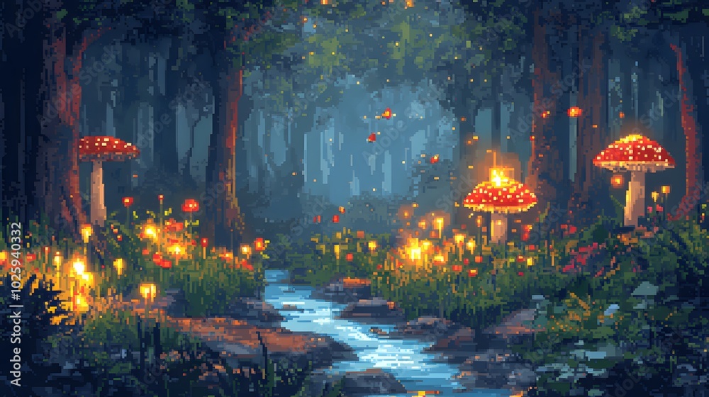Enchanted Pixel Art Forest with Glowing Mushrooms