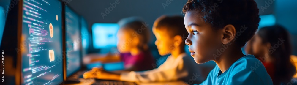 A young child focused on coding at a computer, surrounded by peers engaged in tech learning. Inspiring future generations in technology. A young child focused on coding at a computer, surrounded by peers engaged in tech learning. Inspiring future generations in technology.