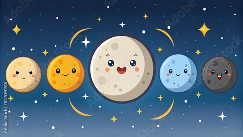 Cute Moon Phase Characters - Flat Vector Illustrations for Kids' Decor and Educational Use