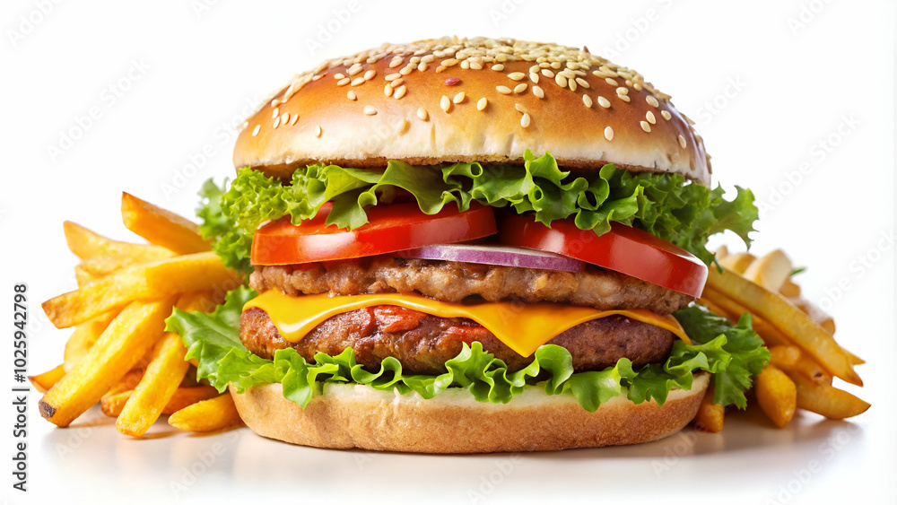 Juicy burger with fresh ingredients, golden fries, all isolated on a white background for emphasis. Juicy burger with fresh ingredients, golden fries, all isolated on a white background for emphasis.