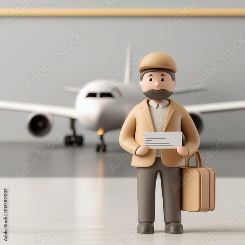 Traveler holding insurance card at airport, airplane in background, 3D illustration, photo