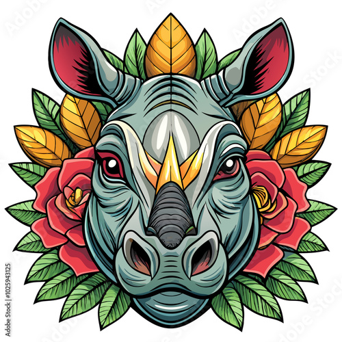 Rhino  head with flowers, , Rhino illustration