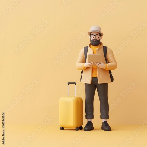 Traveler with canceled flight, checking insurance coverage, 3D illustration,