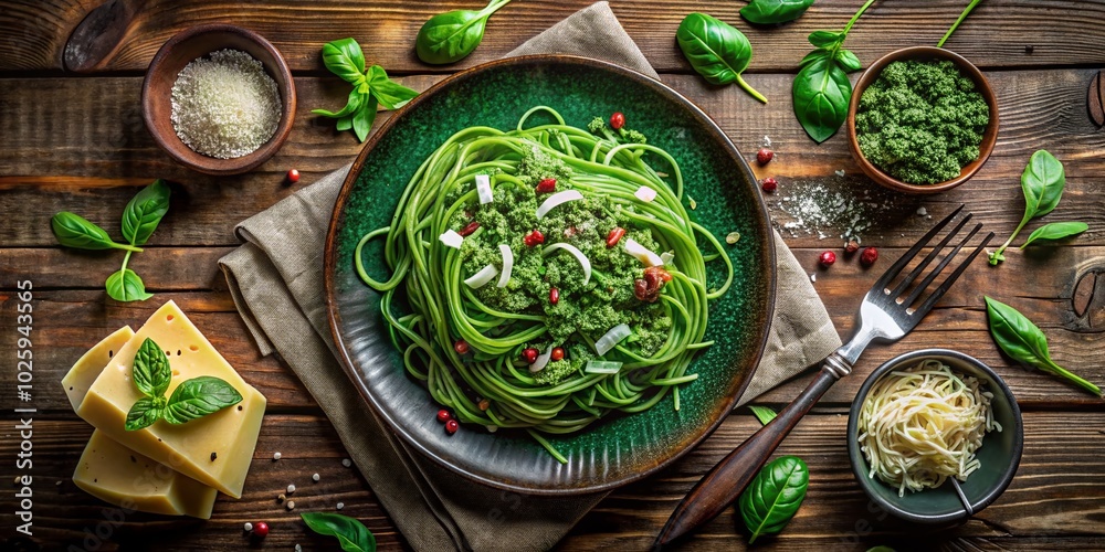Delicious Green Spinach Noodles - Top View of a Mockup Pasta Dish for Food Photography Delicious Green Spinach Noodles - Top View of a Mockup Pasta Dish for Food Photography