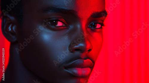 A young African American man in trendy attire poses confidently with neon lights casting vibrant hues.