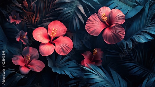 Dark tropical palm leaves and flowers with neon lighting 