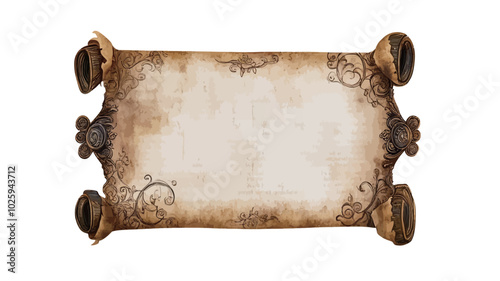 Old paper scroll with decorative ornaments isolated on white background.