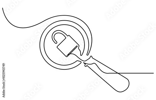 Continuous line drawing of magnifying glass. One line of magnifying glass. Magnifier continuous line art Single one line drawing big hand holding magnifying glass highlights the padlock
