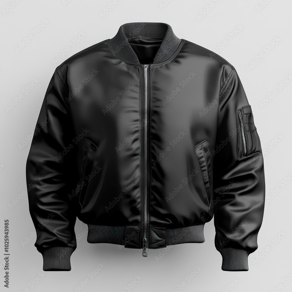 Black leather bomber jacket with zipper and pockets, hanging on a metal coat rack against a white brick wall. Black leather bomber jacket with zipper and pockets, hanging on a metal coat rack against a white brick wall.