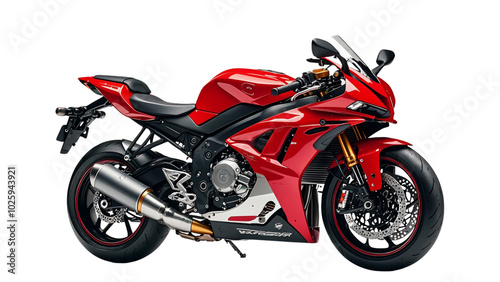 Set Of An Red motorcycle is parked on top of a white surface on the White Background....