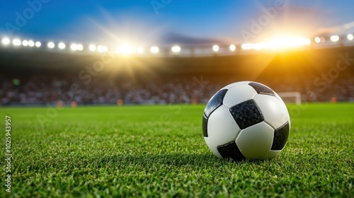 Soccer Ball on Grass Field with Stadium Lights and Crowd in Background