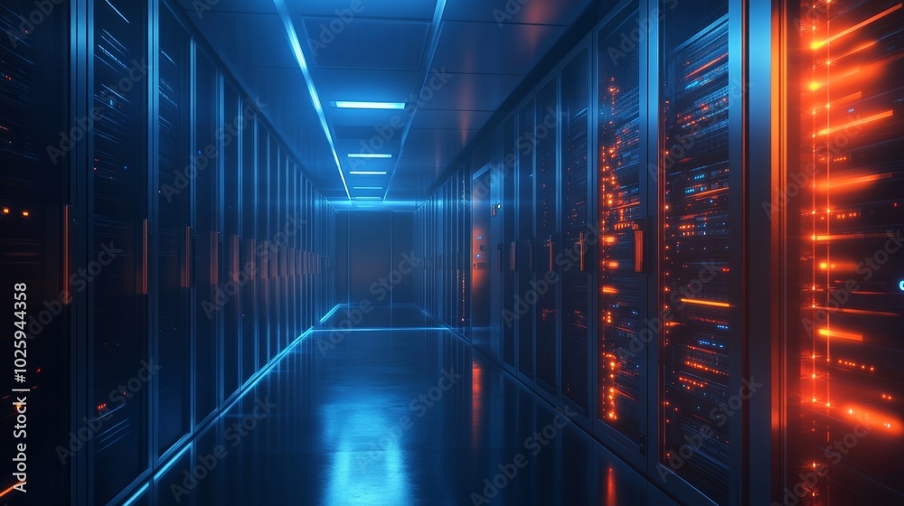 A futuristic data center hallway with glowing blue and orange lights illuminating the server racks. A futuristic data center hallway with glowing blue and orange lights illuminating the server racks.