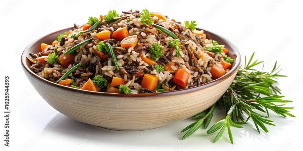 Wild rice pilaf presented on a white background showcases a nutritious grain dish, perfect for healthy eating, featuring vibrant colors and textures that delight the palate. Wild rice pilaf presented on a white background showcases a nutritious grain dish, perfect for healthy eating, featuring vibrant colors and textures that delight the palate.