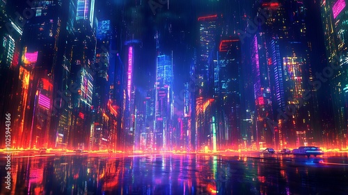 Wallpaper Mural A futuristic cityscape with neon lights reflecting on a wet street. Torontodigital.ca