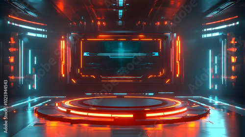 Fototapeta Naklejka Na Ścianę i Meble -  A futuristic room with a large screen and neon lights