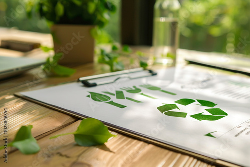 Closeup of a goal setting document for a green business initiative with SMART targets related to emissions reduction and recycling rates