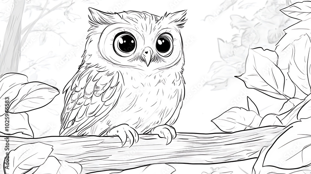 Fototapeta premium A happy owl with big eyes perched on a low branch, simple leaves around, bold lines, low details, no shading, child-friendly design, minimal forest setting --ar 16:9 --sref https://s.mj.