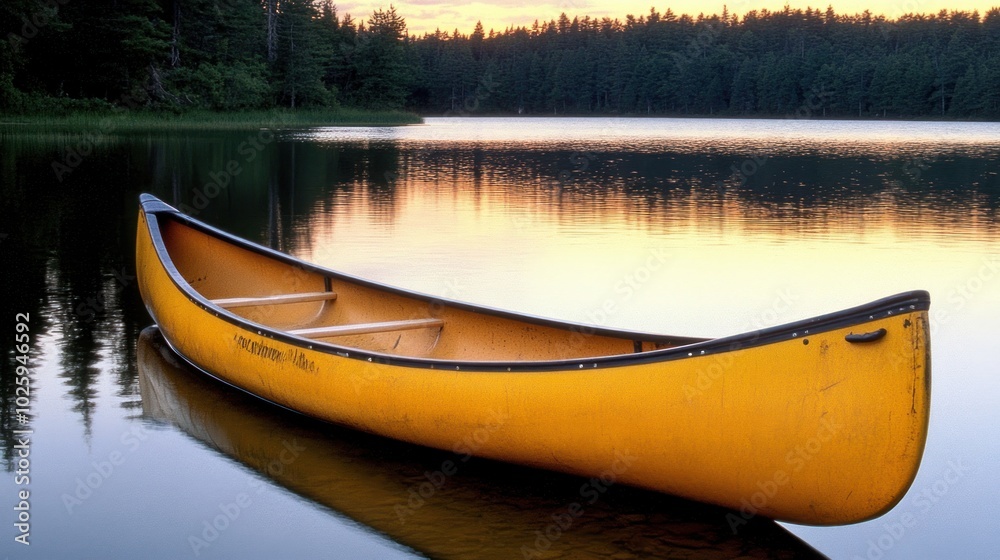 Yellow Canoe Resting on Still Water with a Forest in the Background Yellow Canoe Resting on Still Water with a Forest in the Background