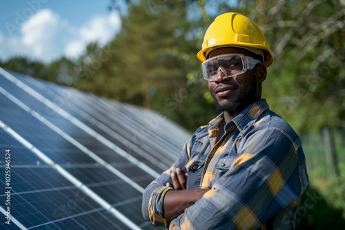 Headshot of African-American engineer wearing protective glasses inspect solar panels, high quality