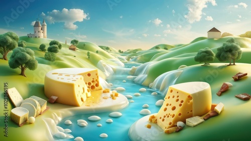 A whimsical landscape featuring cheese blocks by a serene river with a castle in the background. photo