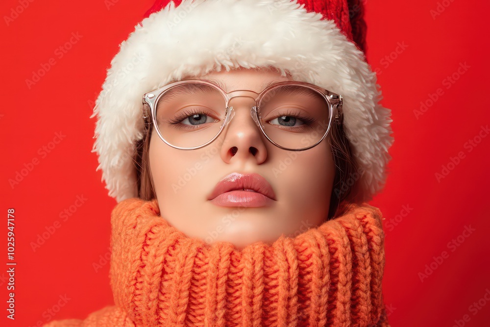 Choose winter season sales. Close up photo of cool stylish trendy Santa indicate discount shopping bargain wear eyeglasses eyewear cap hat isolated over red background Choose winter season sales. Close up photo of cool stylish trendy Santa indicate discount shopping bargain wear eyeglasses eyewear cap hat isolated over red background