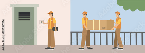 Delivery door bell. Courier delivering package. Free shipping. Fast delivery. Front door delivery. Home delivery. Warehouse distribution. Distribution parcel. 