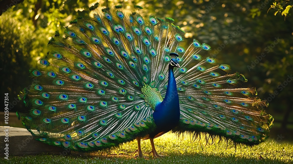 Obraz premium A vibrant peacock with its feathers fully spread, displaying its beautiful plumage in a natural setting.