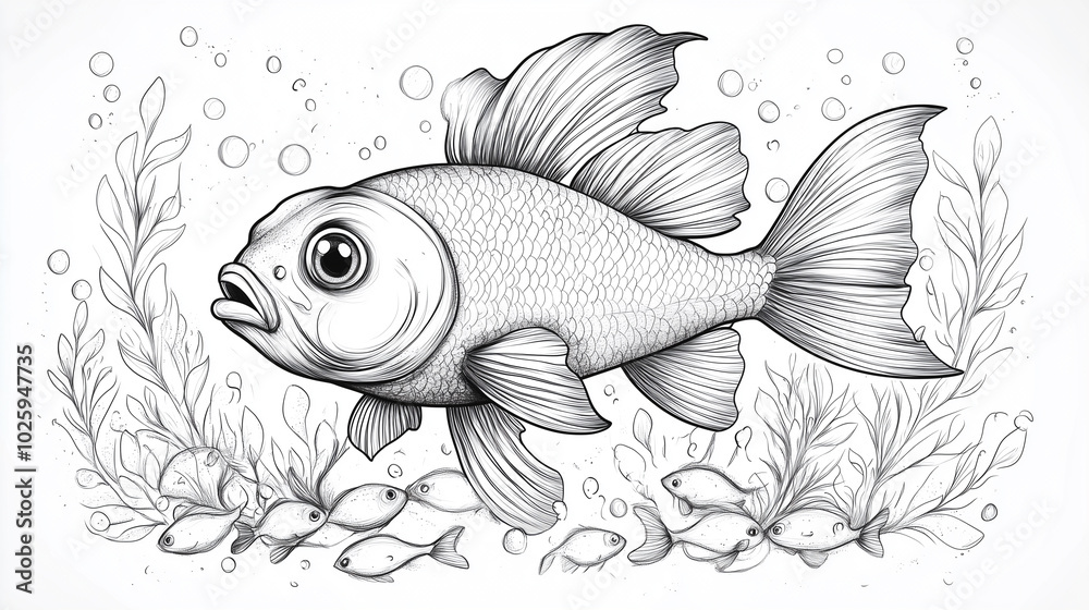 Stylized cartoon fish among small fish on a white background. Sketch for coloring.
Stylized cartoon fish among small fish on a white background. Sketch for coloring.