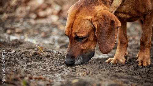 Conceptual image of a bloodhound sniffing the ground during a search, emphasizing its keen sense of smell and tracking abilities