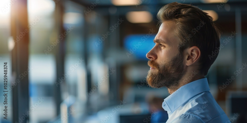 Side profile of a professional in an office setting. Side profile of a professional in an office setting.