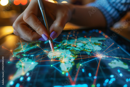 Close-up of a hand creating a flowchart on a tablet representing sustainable global trade routes
