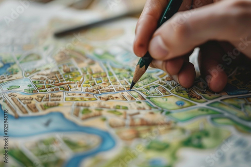 Close-up of a hand drawing a sustainable urban development plan on a canvas global economic zones marked photo