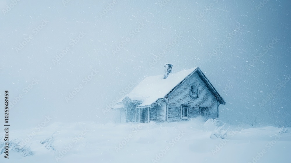 Conceptual image of a house covered in snow during a fierce blizzard, illustrating the power of nature Conceptual image of a house covered in snow during a fierce blizzard, illustrating the power of nature