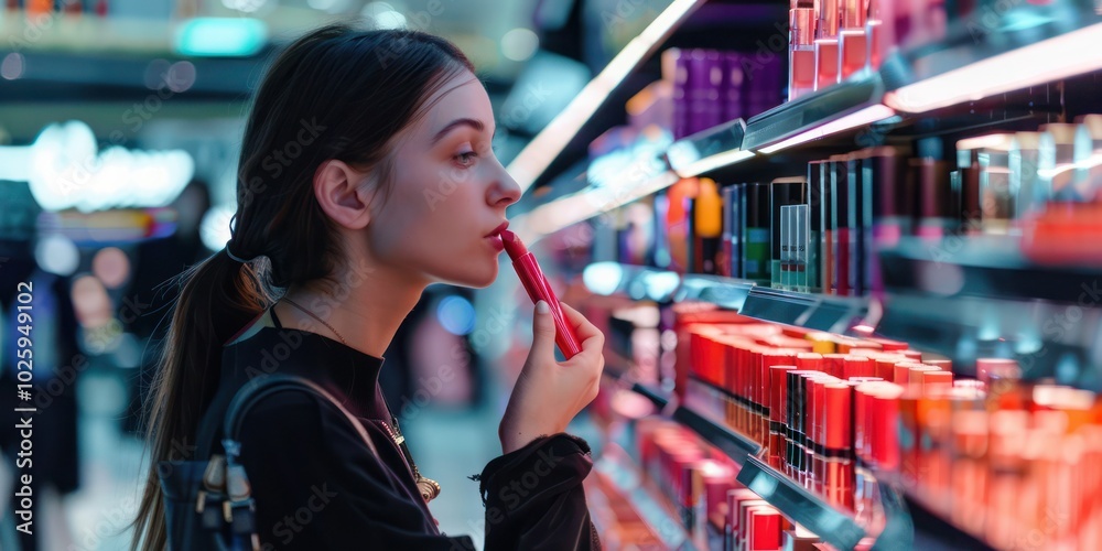 Woman choosing lipstick from a display in a cosmetics shop. Woman choosing lipstick from a display in a cosmetics shop.