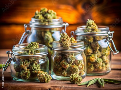Dry Cannabis Buds in Glass Jars - Candid Photography for Stock Images