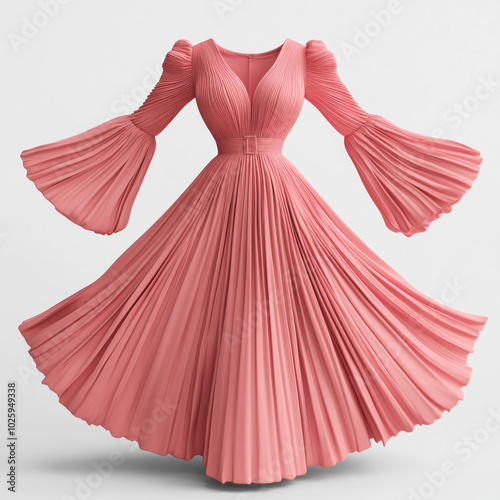 Pink dress with long sleeves and pleated skirt, hanging on a rustic wooden door, bathed in soft sunlight filtering through tree branches.
