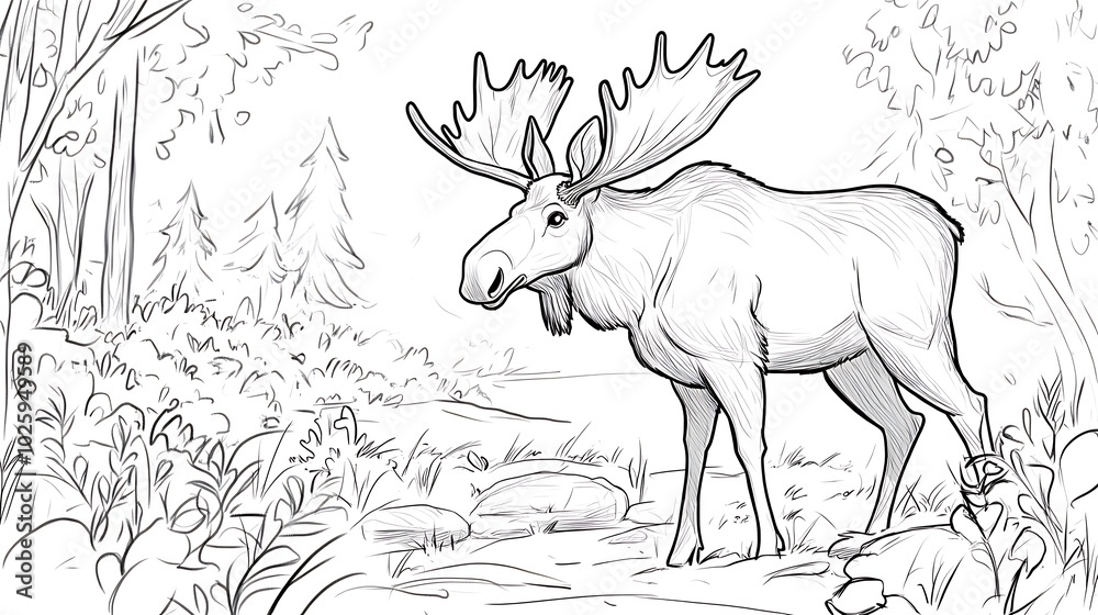 A moose standing in a forest clearing with its large antlers raised high, surrounded by simple bushes and leaves, bold lines, low details, no shading, child-friendly design --ar 16:9 --sref https://s. A moose standing in a forest clearing with its large antlers raised high, surrounded by simple bushes and leaves, bold lines, low details, no shading, child-friendly design --ar 16:9 --sref https://s.