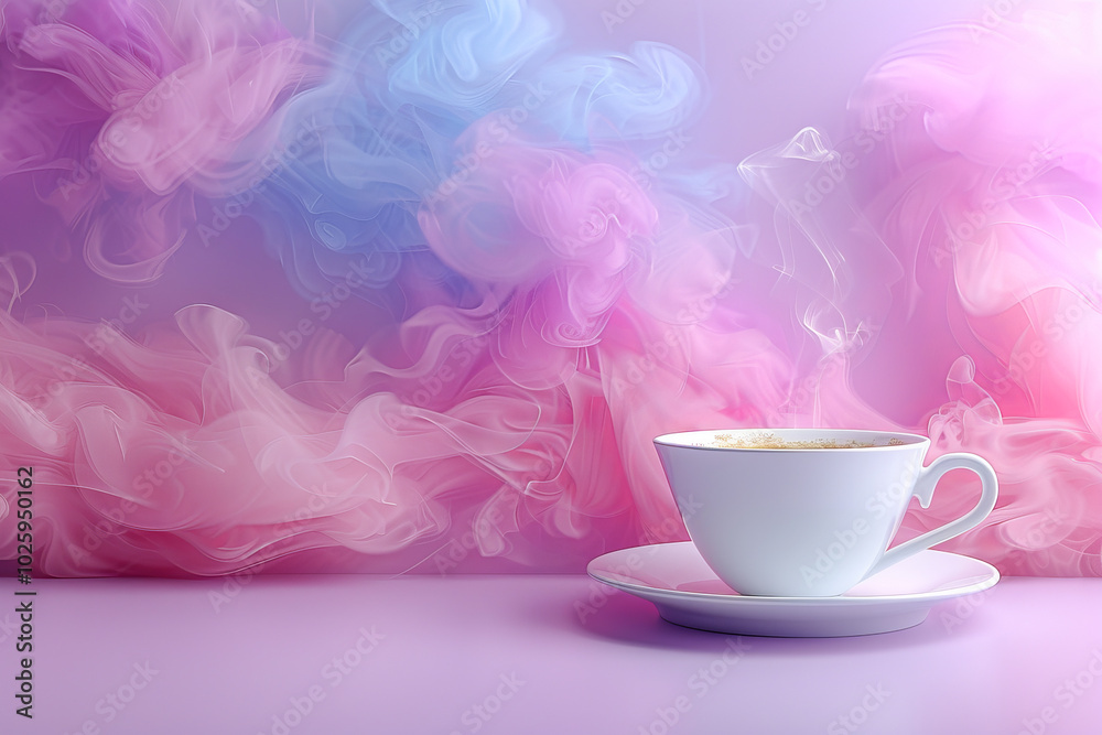 White cup of coffee with dreamy pink and blue smoke background White cup of coffee with dreamy pink and blue smoke background