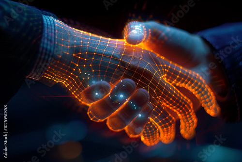 Close-up of a leader's hand shaking a holographic hand representing the merging of human leadership with AI technology in business innovation