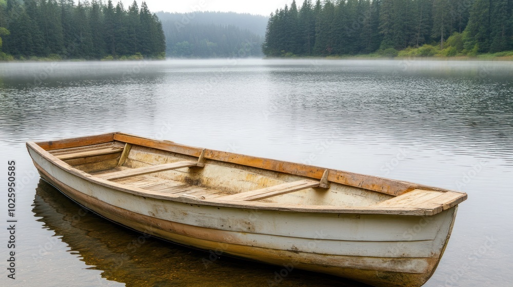 Wooden Rowboat Moored in Foggy Lake Surrounded by Trees Wooden Rowboat Moored in Foggy Lake Surrounded by Trees