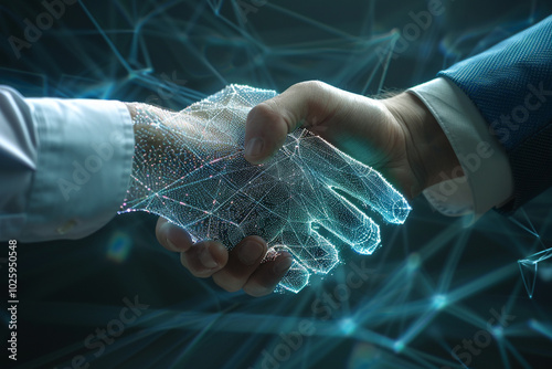 Close-up of a leader's hand shaking a holographic hand representing the merging of human leadership with AI technology in business innovation