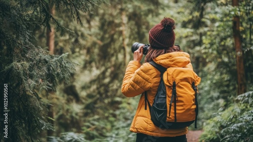 A person in a yellow jacket captures nature with a camera in a lush forest setting.