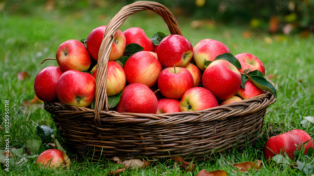 A basket full of red apples on a grassy field A basket full of red apples on a grassy field