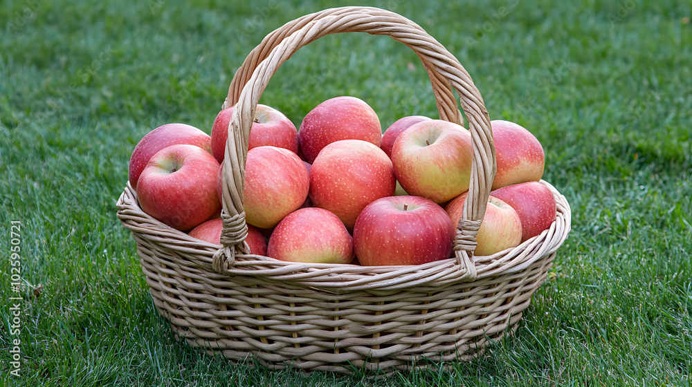 A basket full of apples on a grassy field A basket full of apples on a grassy field