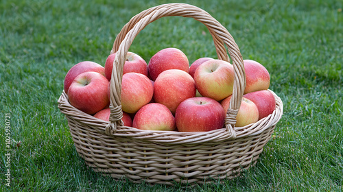 A basket full of apples on a grassy field